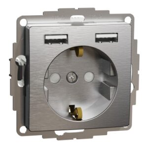 Розетка з заземленням + 2 USB серії Sedna Design в алюмінієвому матовому кольорі поєднує функціональність і сучасний стиль.