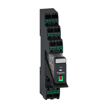 Poperedno zibrane elektromekhanichne rele RXG21P7PVP z Push-in klemamy, 5A, 2CO, bez LED, z knopkoiu testuvannia, shcho blokuietsia, 230V zminnoho strumu