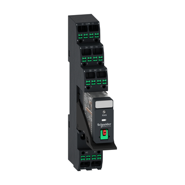 Poperedno zibrane elektromekhanichne rele RXG22B7PVP Harmony RXG z Push-in klemamy, 5A, 2CO, z LED, z knopkoiu testuvannia, shcho blokuietsia, 24V zminnoho strumu