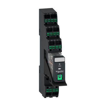 Poperedno zibrane elektromekhanichne rele RXG22BDPVP Harmony RXG z Push-in klemamy, 5A, 2CO, z LED, z knopkoiu testuvannia, shcho blokuietsia, 24V postiinoho strumu
