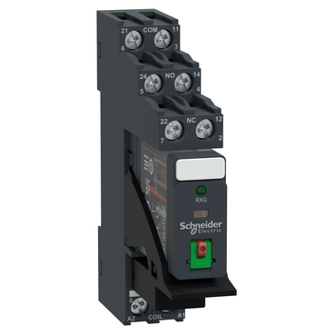 interfeisne poperedno zibrane vstavne rele RXG22P7PV z rozetkoiu, elektromekhanichni rele Harmony, 5A, 2CO, z LED, testovoiu knopkoiu, shcho blokuietsia, ~230V