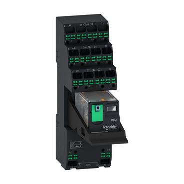 Miniatiurne poperedno zibrane elektromekhanichne rele RXM4AB1BDPVP z Push-in klemamy, 6A, 4CO, bez LED, knopka testuvannia, shcho blokuietsia,