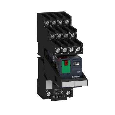 miniatiurne poperedno zibrane rele z rozetkoiu RXM4AB1P7PVS, elektromekhanichni rele Harmony, 6A, 4CO, knopka testuvannia, shcho blokuietsia, okrema klema