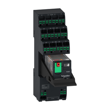 Miniatiurne poperedno zibrane elektromekhanichne rele RXM4AB2P7PVP Harmony RXM z Push-in klemamy, 6A, 4CO, z LED, knopka testuvannia, shcho blokuietsia, ~230V